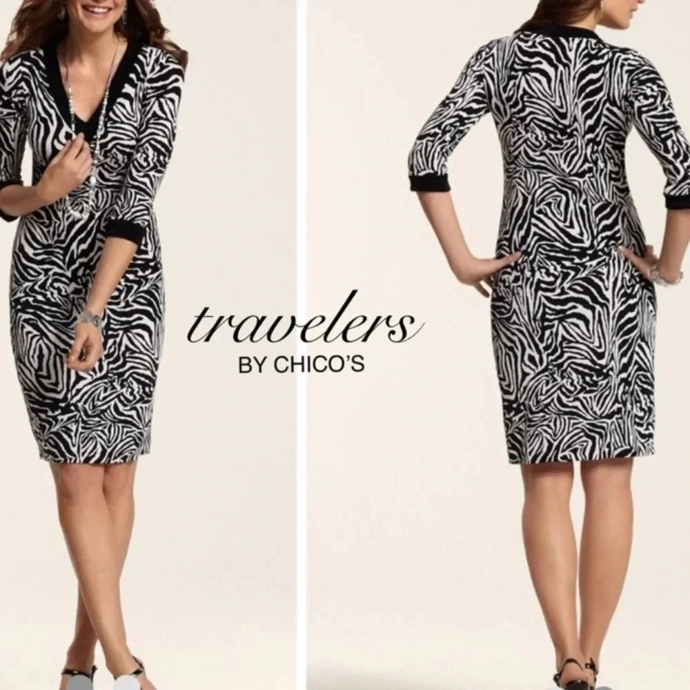 Travelers By Chico’s Zebra Brody Dress 3/4 Cuffed Sleeve V-Neck Slinky Size L